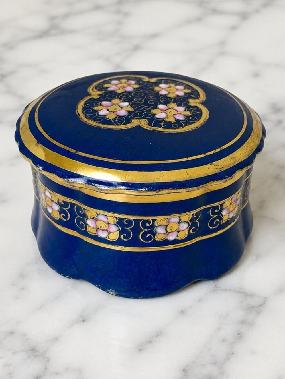 Vintage Toyo Cobalt Blue Porcelain Trinket Box Gold Floral Japan 4.5”
